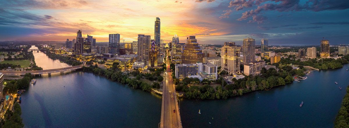 Austin TX skyline with Sunset Aerial Panorama